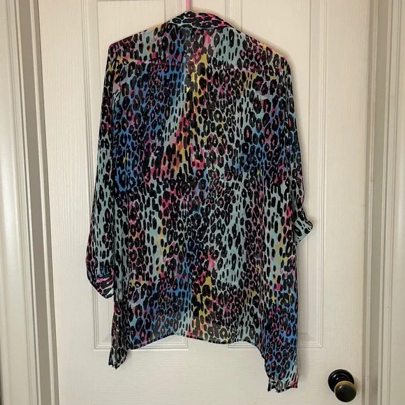 Peck & Peck Women's Multi Color Leopard Print Chiffon Button Down Shirt Top L - Picture 8 of 9